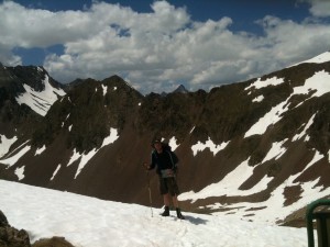 Me on the Col des Mulets, with the long traverse visible in the background